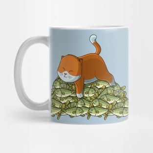 Cat on mountain of fish Mug